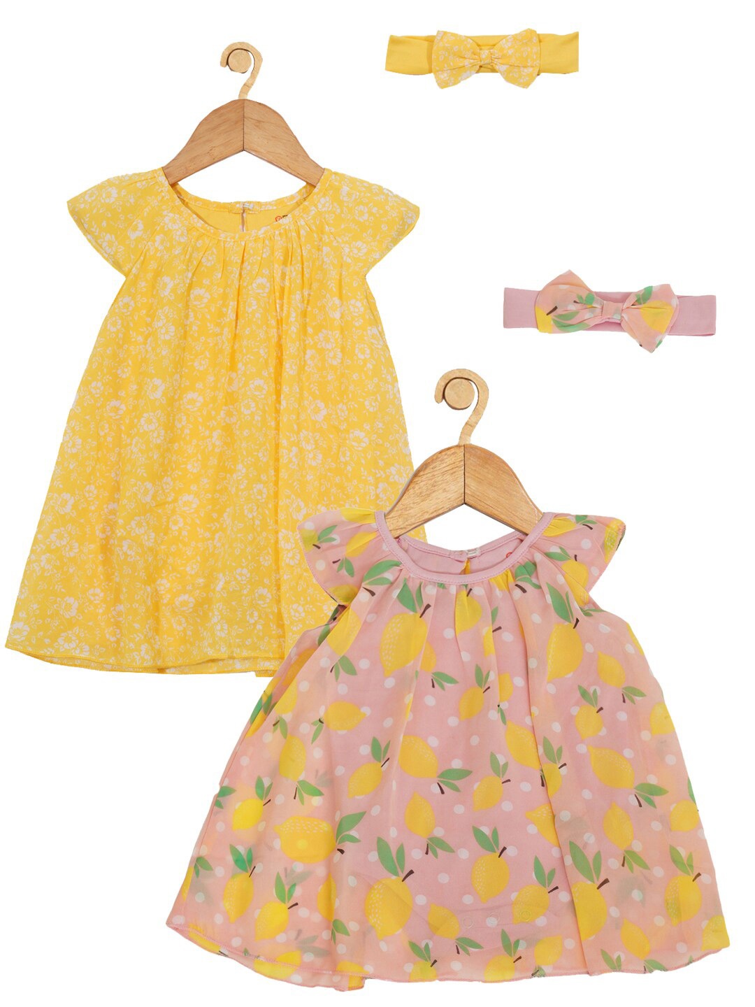 

Creative Kids Infants Girls Pack Of 2 Printed A-Line Dress With Hairband, Yellow