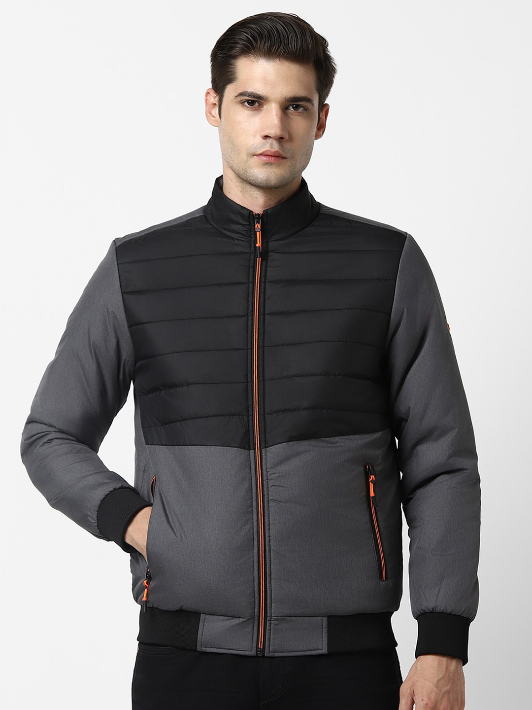 

Van Heusen Flex Mock Collar Colourblocked Puffer Jacket, Grey