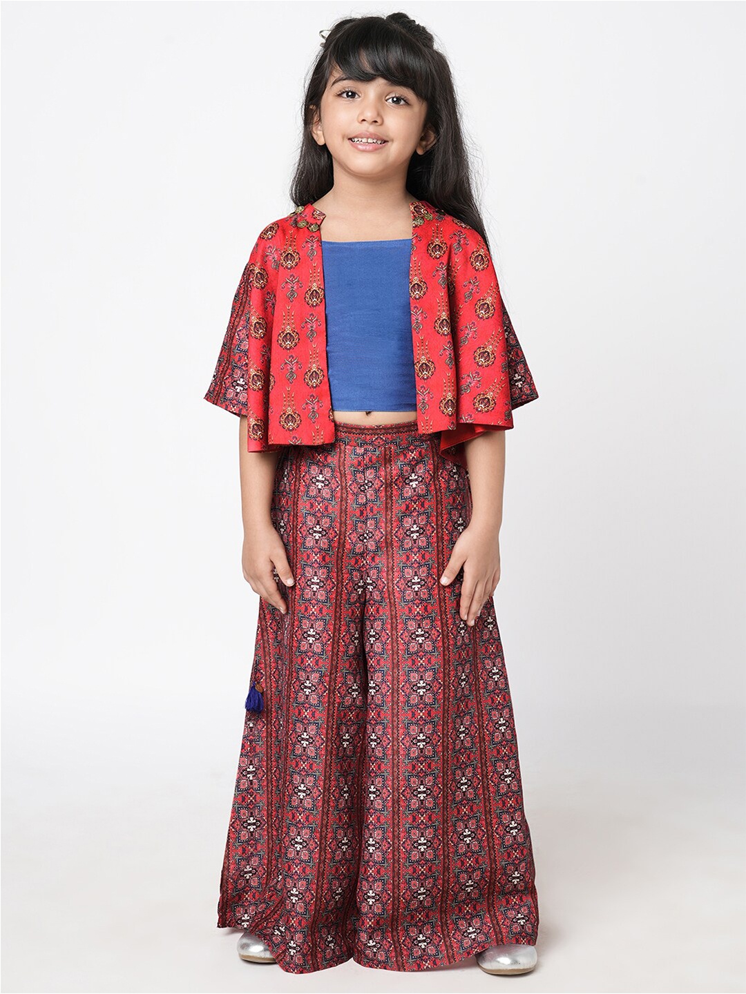 

LIL DRAMA Girls Printed Top With Palazzos & Jacket, Red