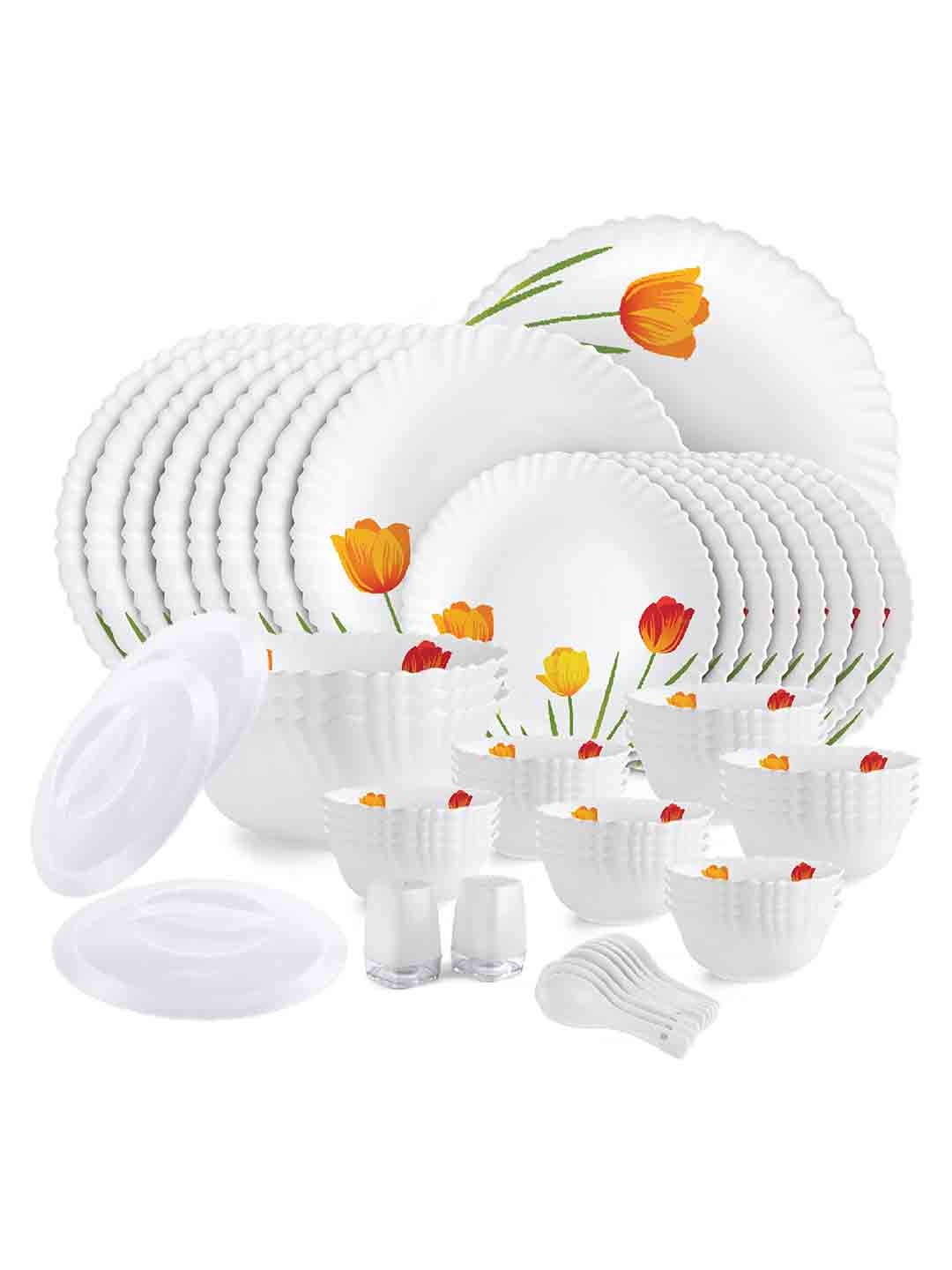 

Cello Dazzle 57-Pieces White Chip & Scratch Resistant Tulip Garden Opalware Dinner Set