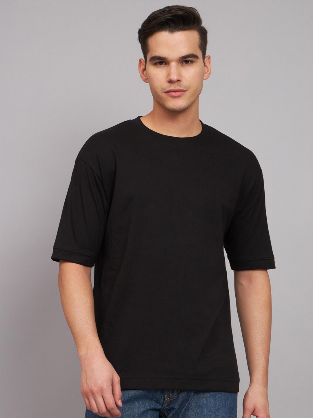 

Imsa Moda Round Neck Drop-Shoulder Cotton Oversized T-shirt, Black