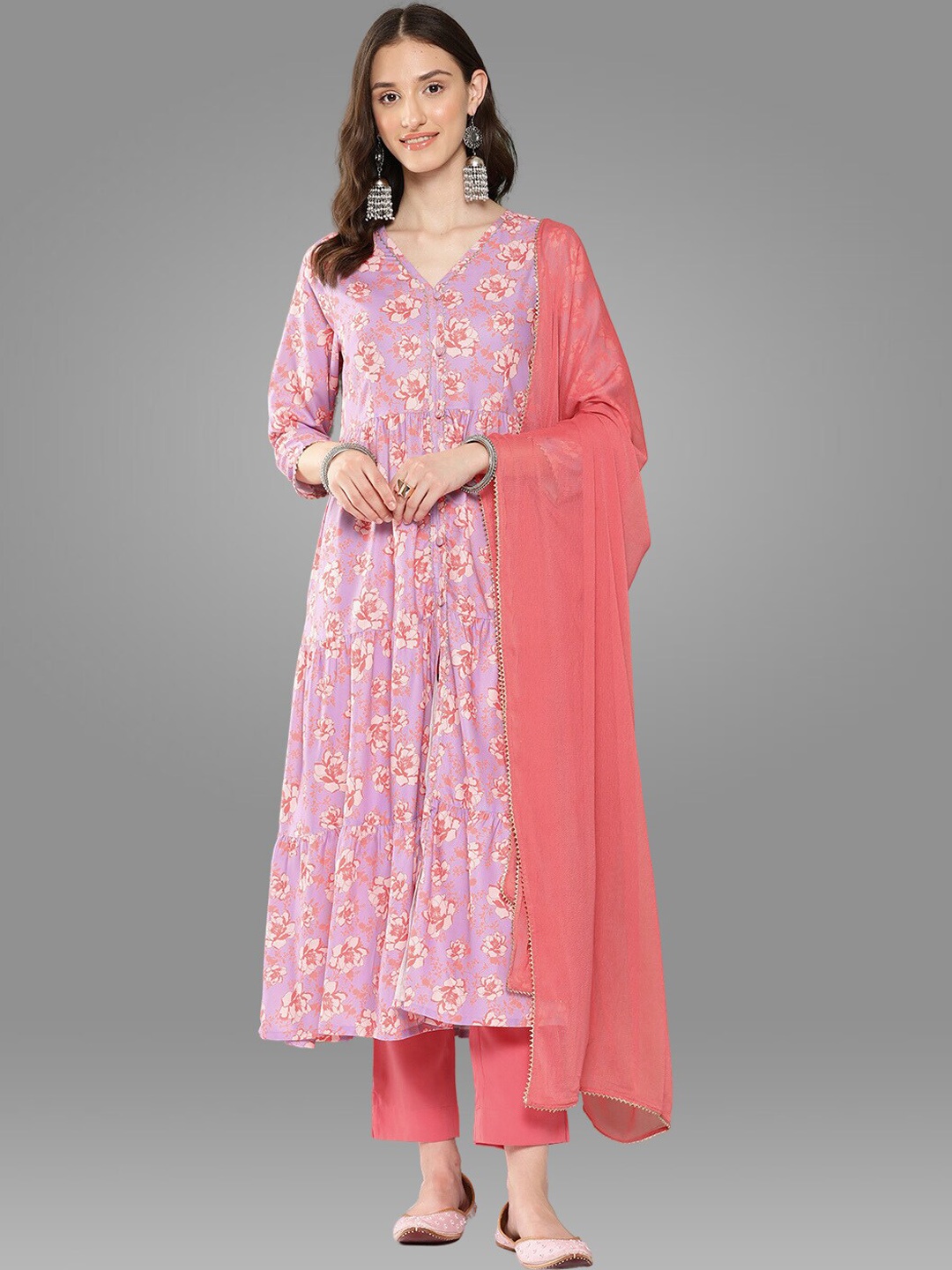 

Janasya Lavender Floral Printed Kurta with Trousers & With Dupatta