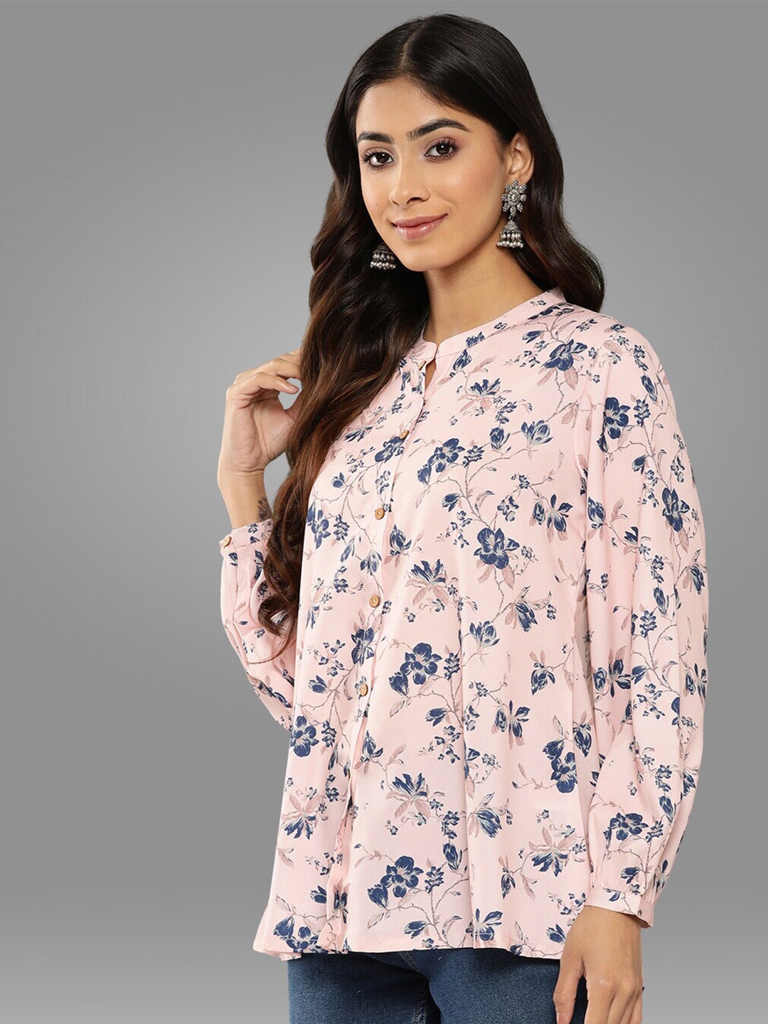 

Janasya Floral Printed Mandarin Collar Puff Sleeves Top, Pink