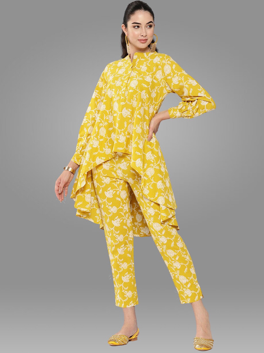 

Janasya Floral Printed Pleated Pure Cotton Co-Ord Set, Mustard