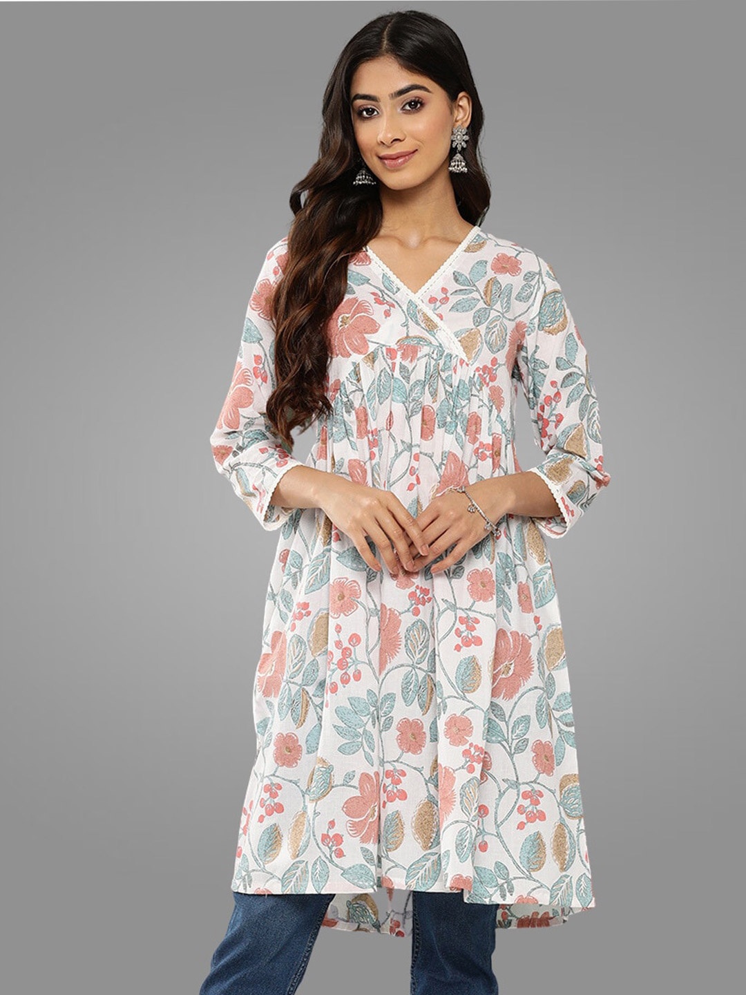 

Janasya Floral Printed V-Neck Cotton A-Line Kurta, White