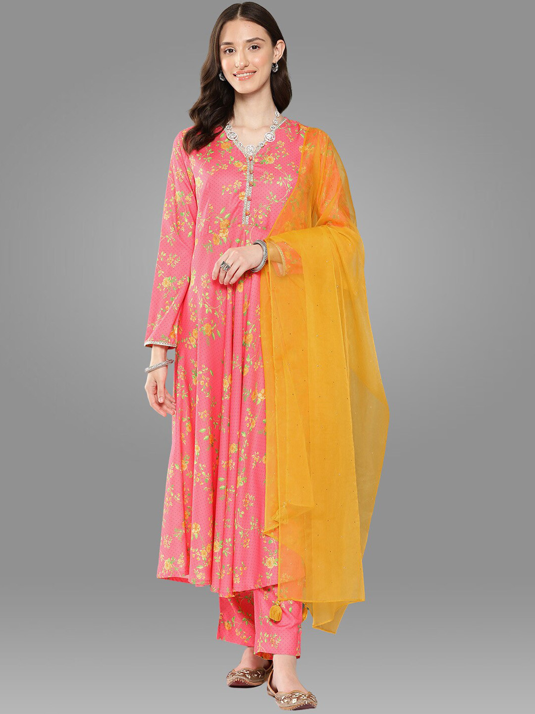 

Janasya Pink Floral Printed Detailed A-Line Kurta & Trousers with Dupatta