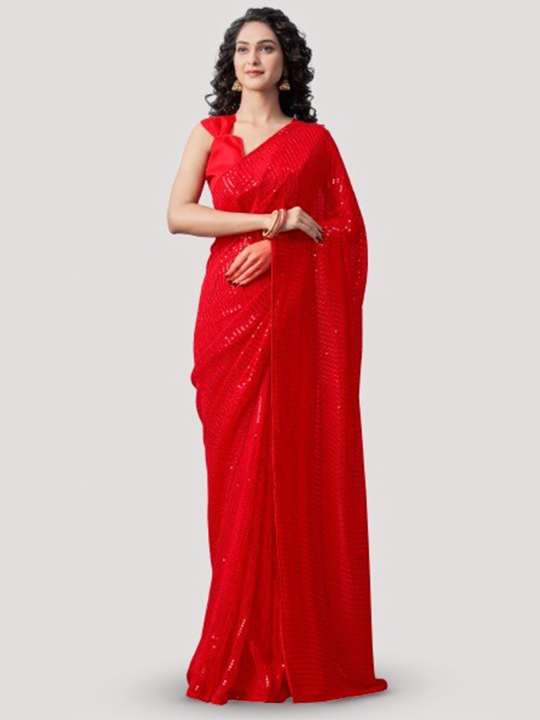 

DIVASTRI Embellished Sequinned Pure Georgette Saree, Red