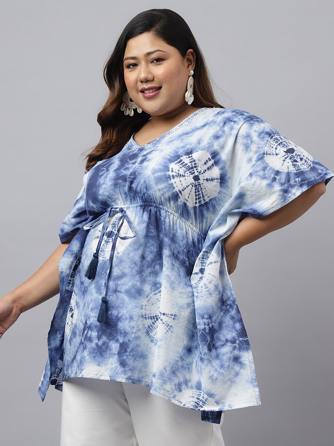 

XL LOVE by Janasya Plus Size Tie Dye Cotton Kaftan Top, Navy blue