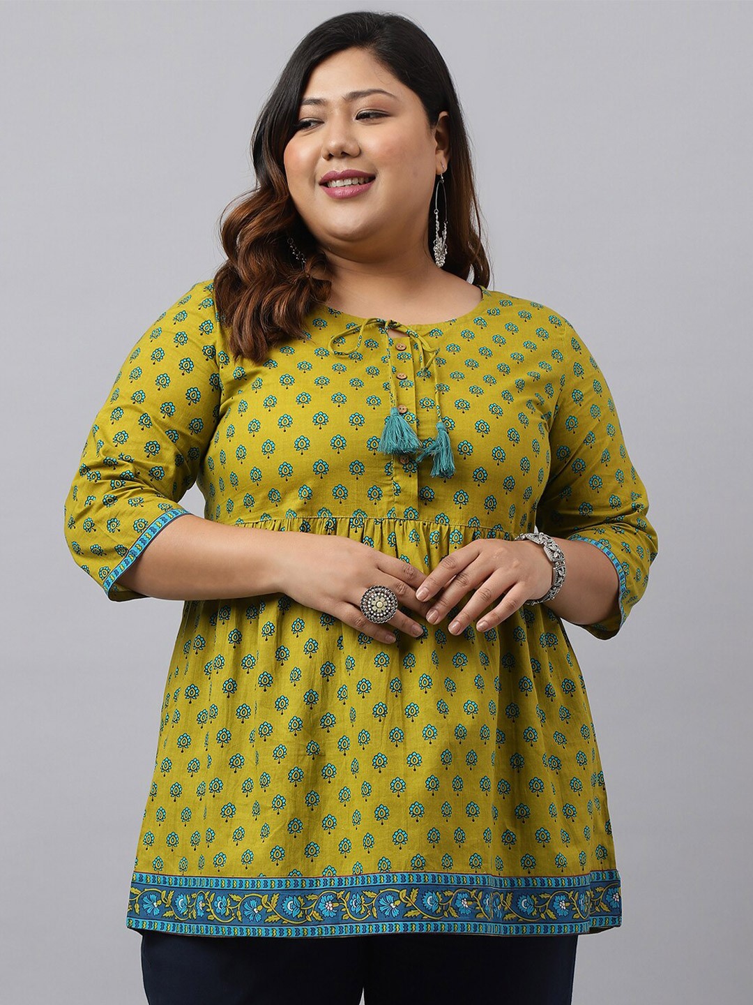 

XL LOVE by Janasya Plus Size Floral Print Cotton Peplum Top, Green
