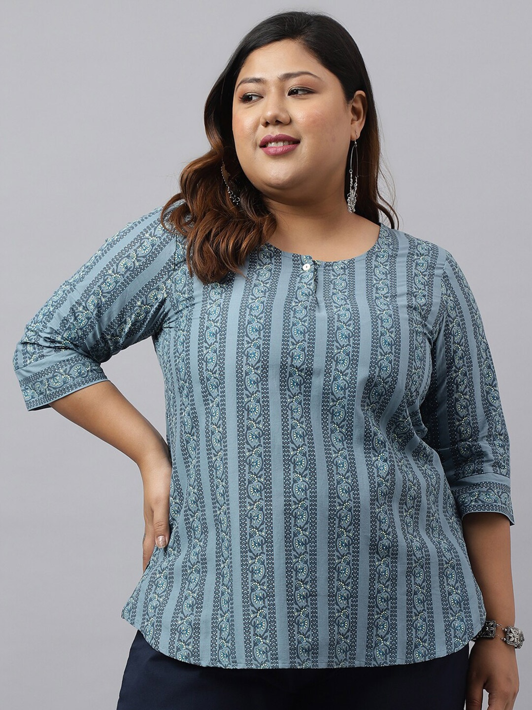 

XL LOVE by Janasya Plus Size Floral Print Cotton Regular Top, Grey