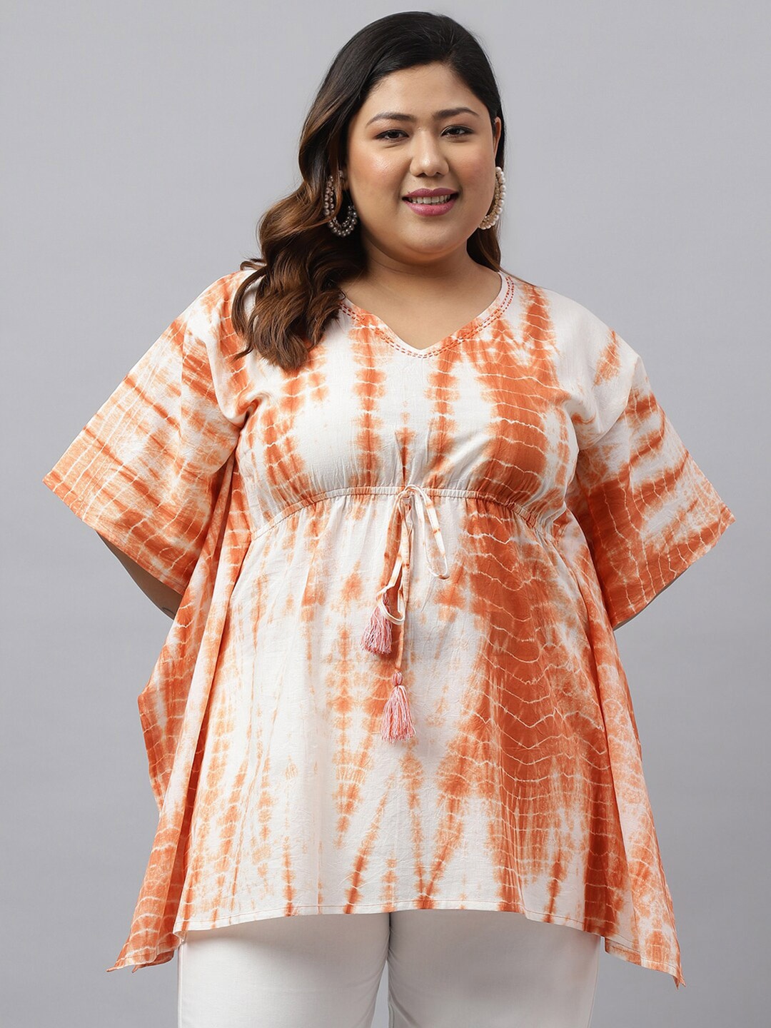

Janasya Plus Size Rust Cotton Tie dye Kaftan Tunic, Off white