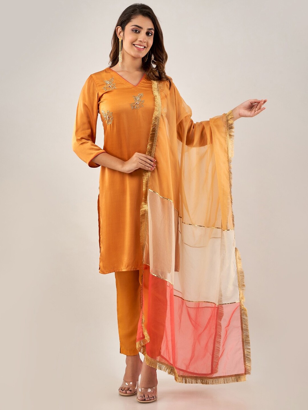 

ArtiZenWeaves Ethnic Motifs Embroidered Beads and Stones Satin Kurta Set, Mustard