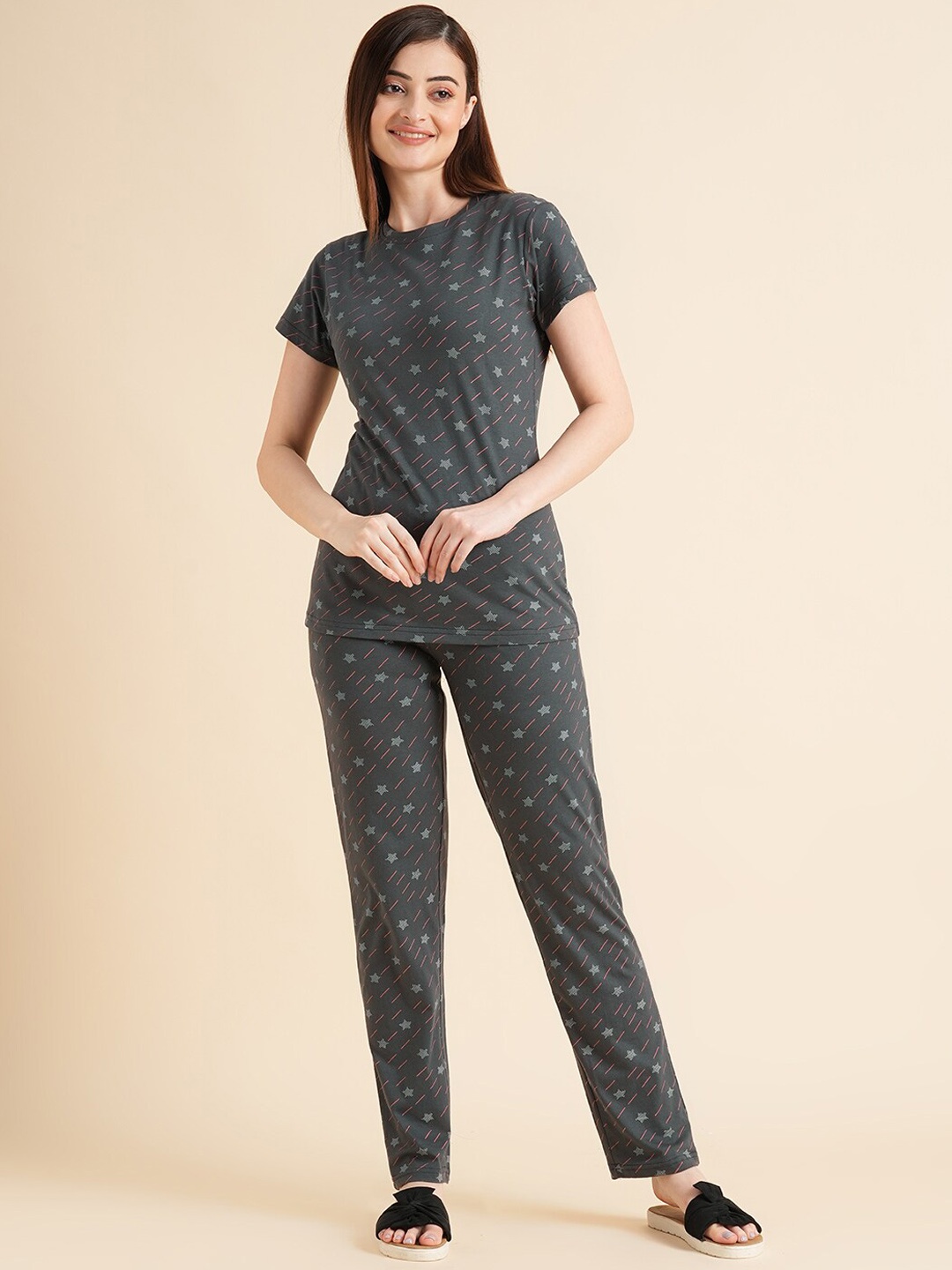 

Sweet Dreams Charcoal & Pink Conversational Printed Pure Cotton Night Suit