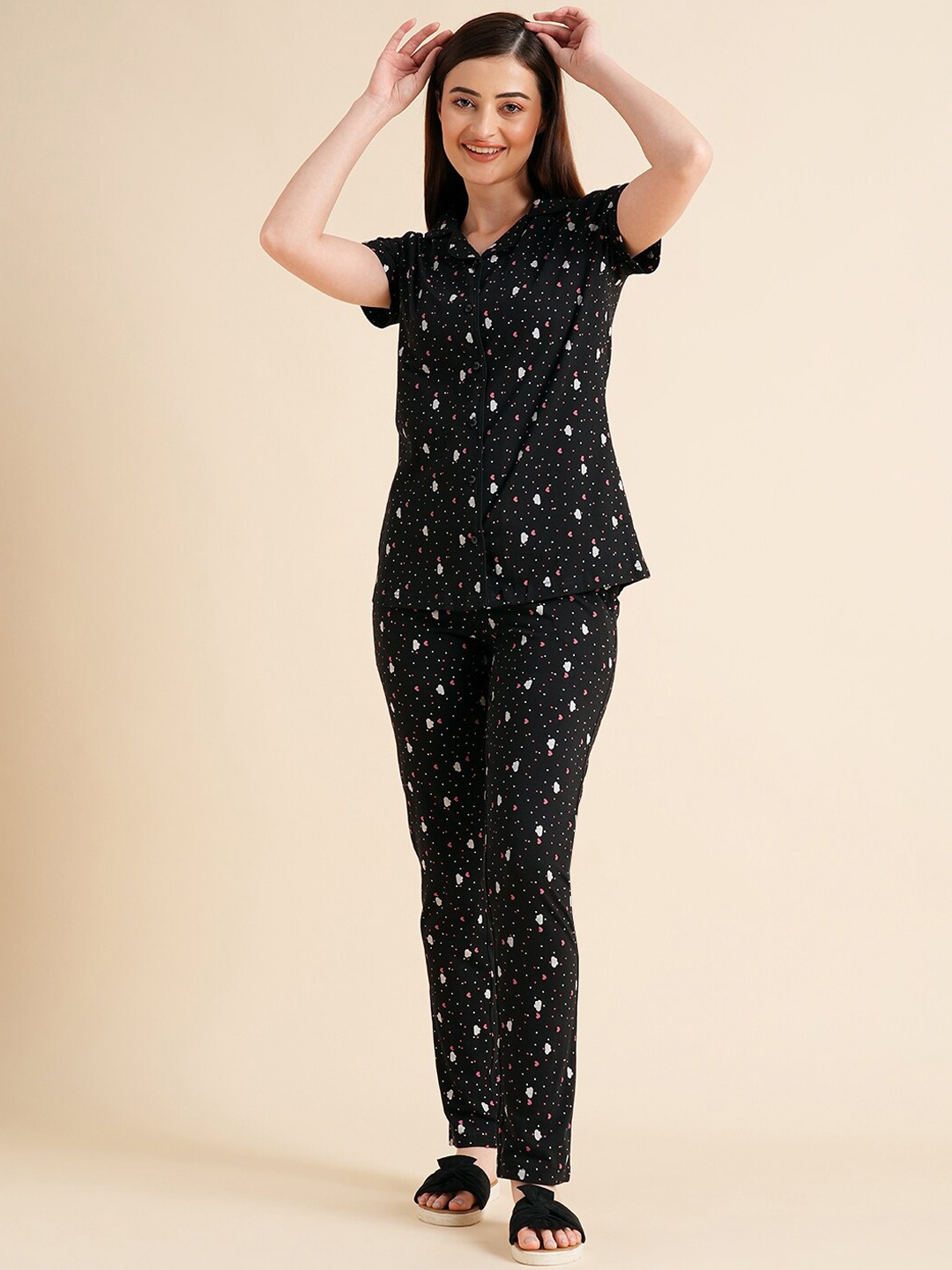 

Sweet Dreams Black & Pink Conversational Printed Pure Cotton Night Suit