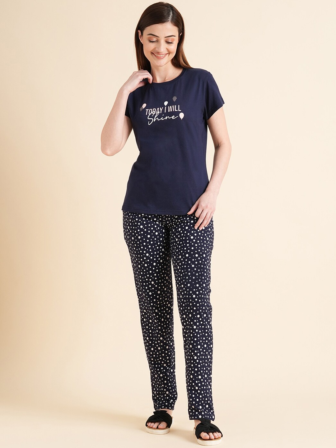 

Sweet Dreams Blue & White Typography Printed Night Suit, Navy blue