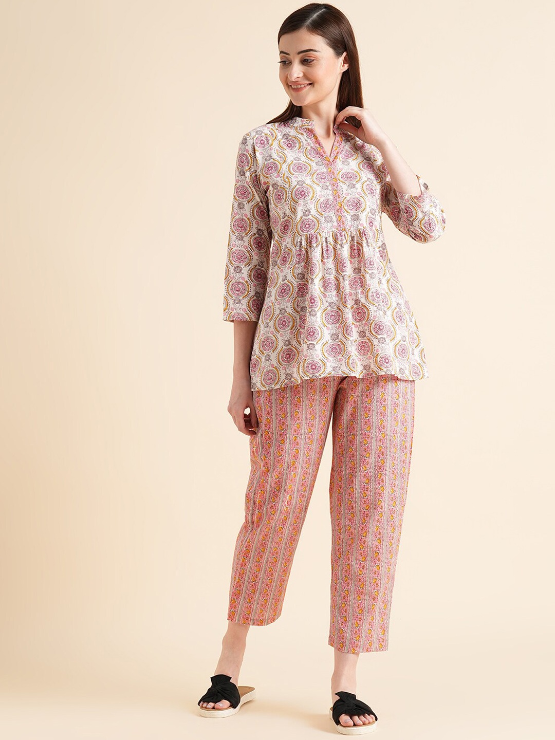 

Sweet Dreams Beige & Pink Floral Printed Pure Cotton Night suit