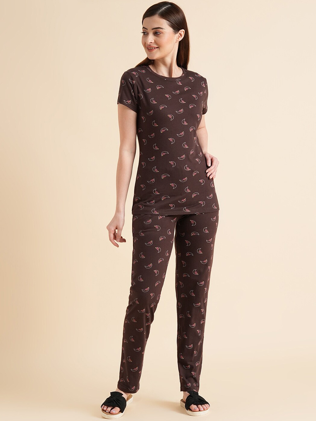 

Sweet Dreams Brown & Pink Conversational Printed Pure Cotton Night Suit