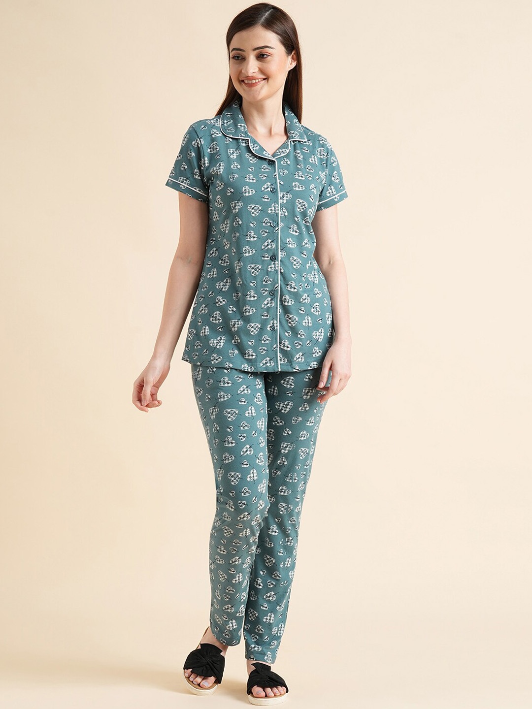 

Sweet Dreams Teal Green & White Conversational Printed Pure Cotton Night Suit