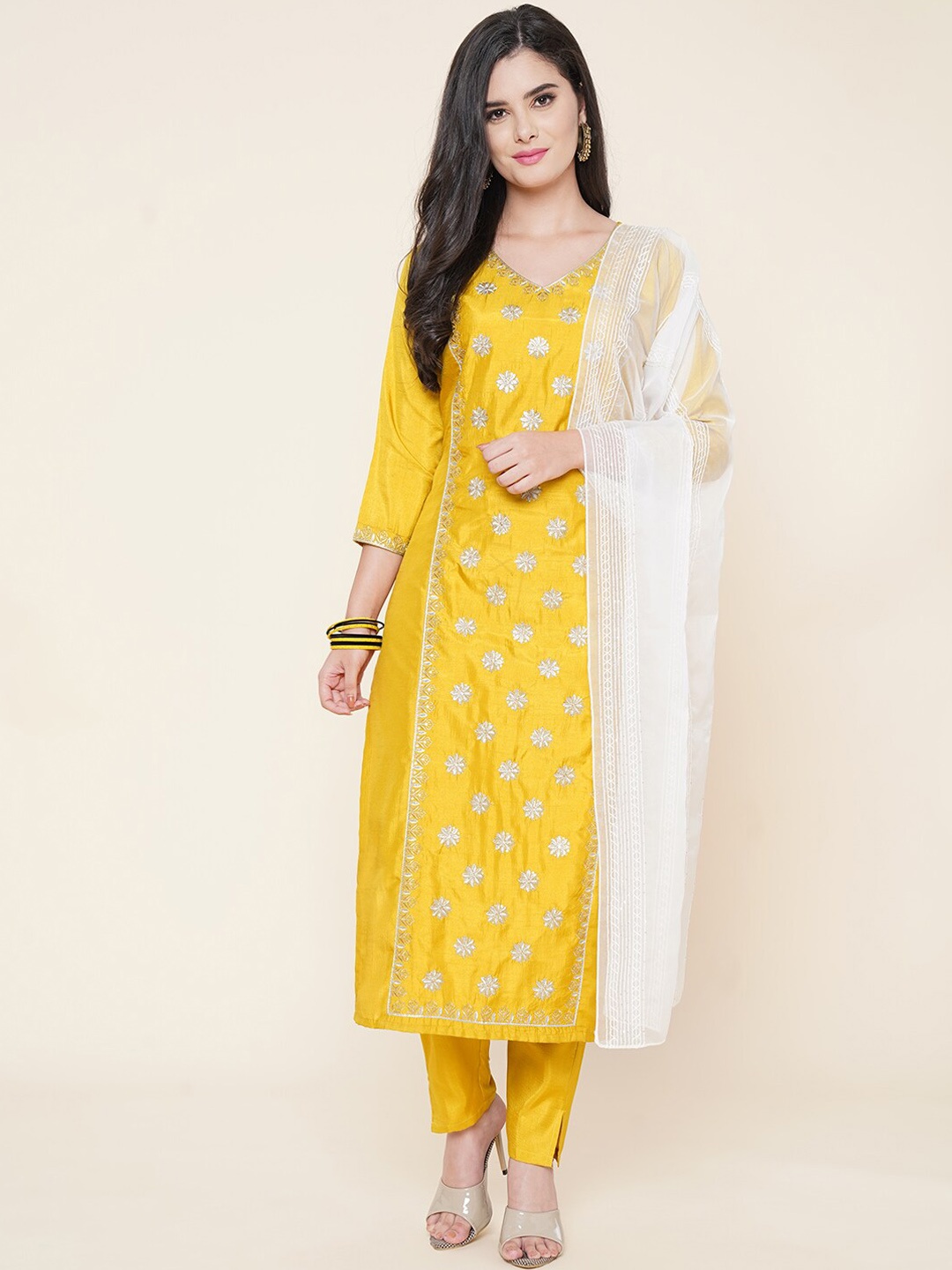 

CLEMIRA Floral Embroidered V-Neck Silk Sequinned Kurta Set With Dupatta, Yellow