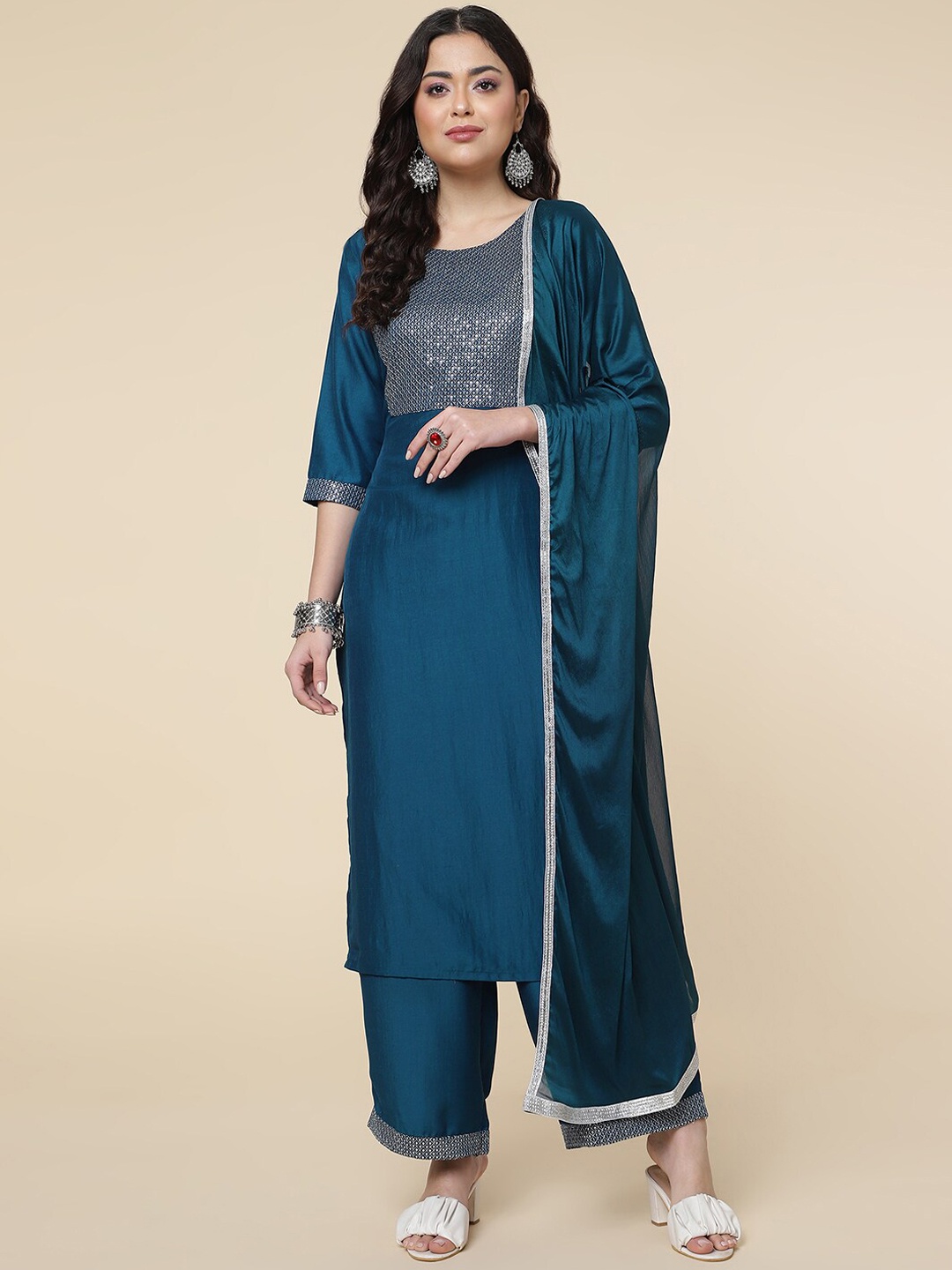 

CLEMIRA Yoke Design Three-Quarter Sleeves Sequinned Kurta Set With Dupatta, Teal