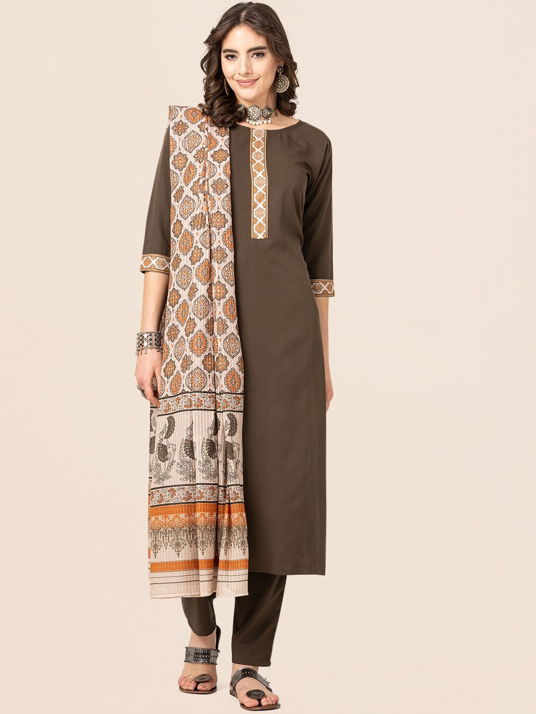 

CLEMIRA Round Neck Straight Kurta & Trousers With Dupatta, Coffee brown