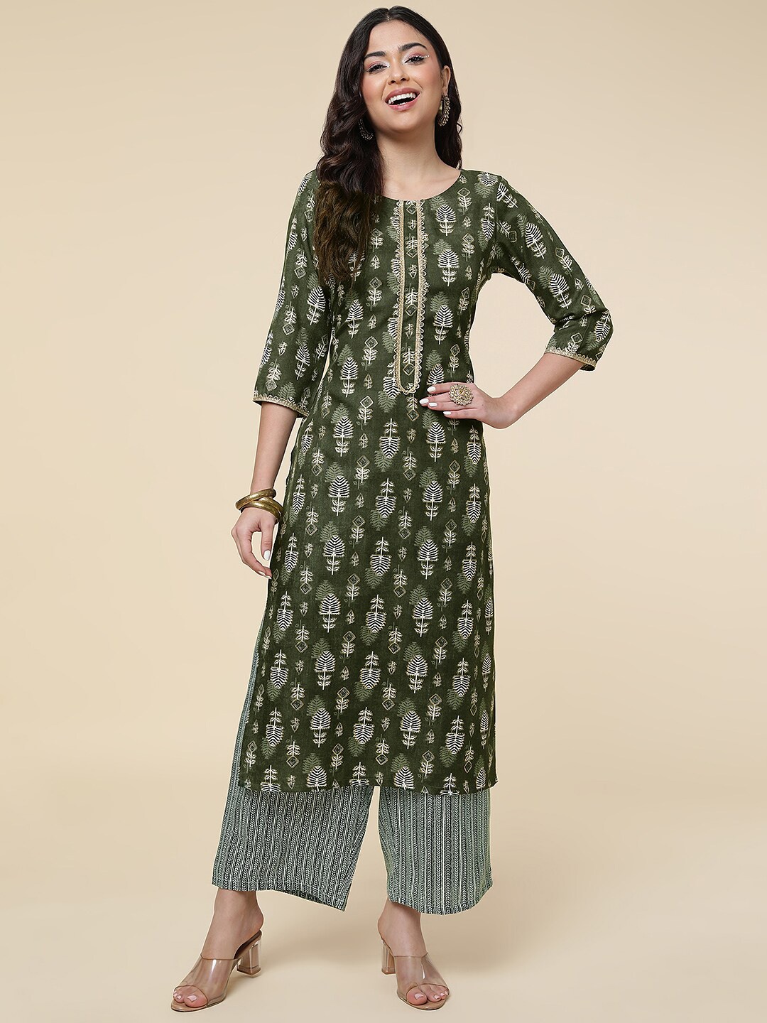 

CLEMIRA Ethnic Motifs Straight Kurta With Palazzos, Green