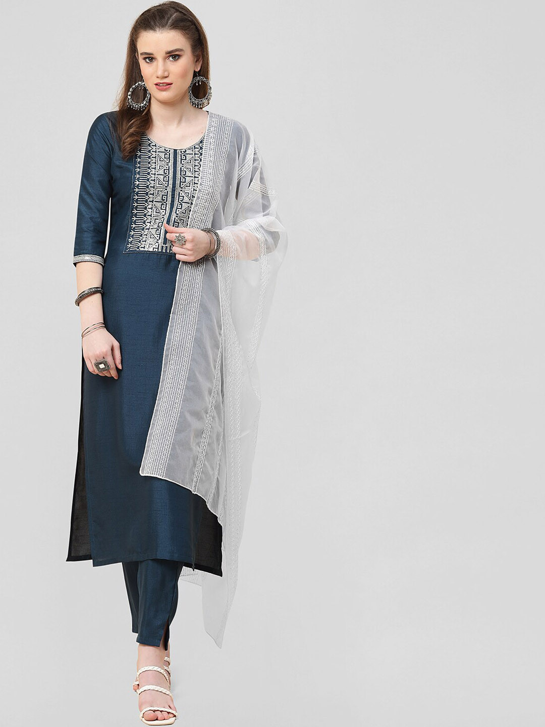 

CLEMIRA Thread Work Detailed Pure Silk Straight Kurta & Trousers with Dupatta, Navy blue