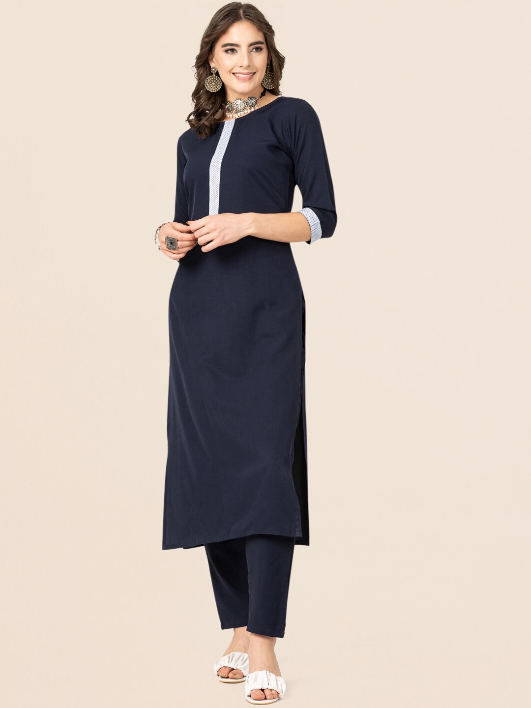 

CLEMIRA Round Neck Straight Kurta With Trousers & Dupatta, Navy blue