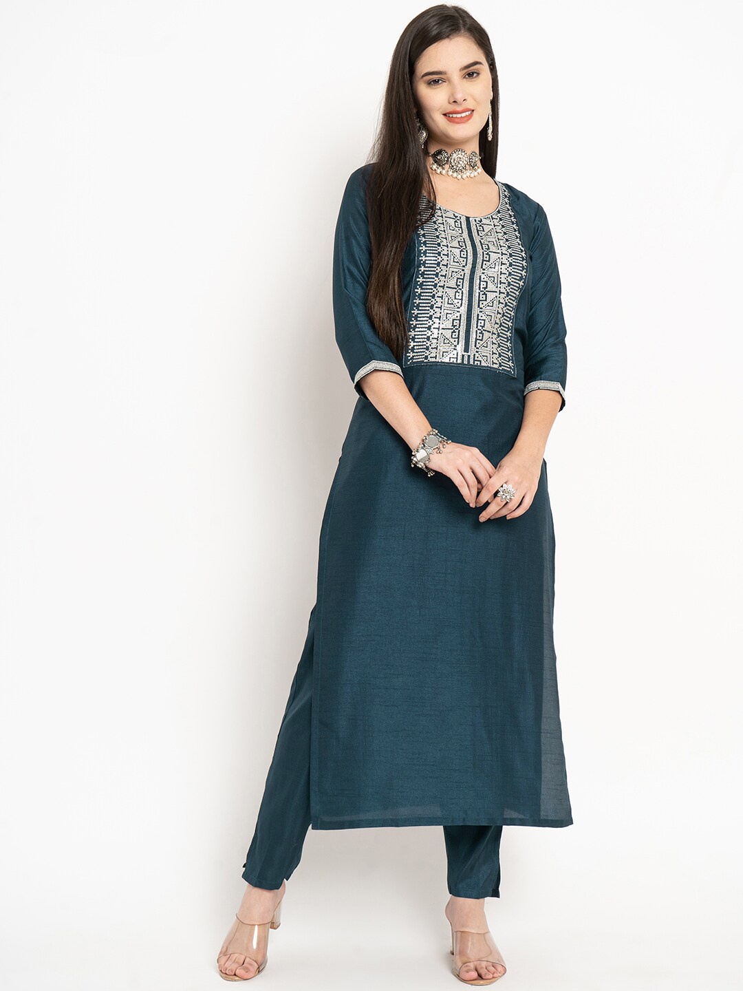 

CLEMIRA Yoke Design Embroidered Three-Quarter Sleeves Thread Work Kurta Set, Teal