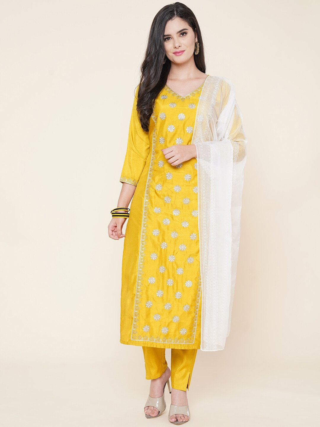 

CLEMIRA Floral Embroidered Kurta & Trousers With Dupatta, Yellow