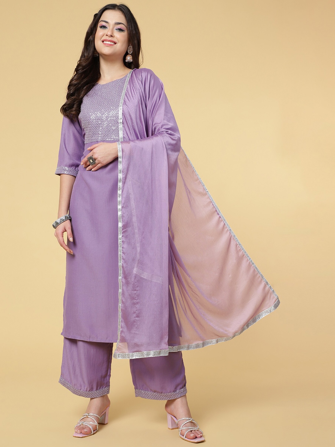 

CLEMIRA Yoke Design Sequinned Straight Kurta & Palazzos With Dupatta, Purple