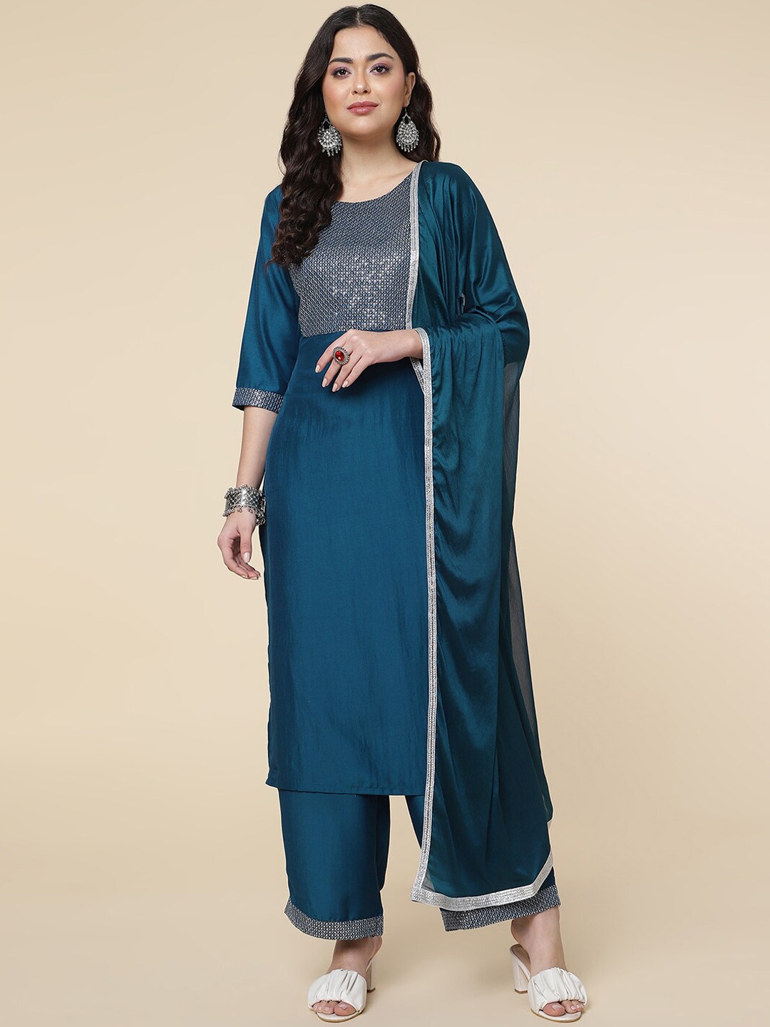 

CLEMIRA Yoke Design Ethnic Motifs Sequinned Kurta With Palazzos & Dupatta, Teal