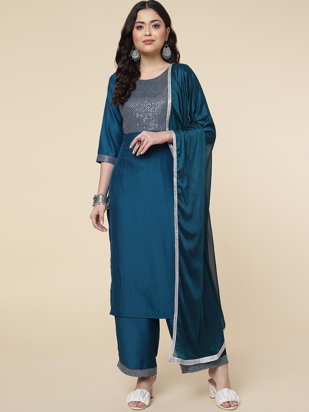 

CLEMIRA Embroidered Sequinned Regular Kurta with Salwar & Dupatta, Teal