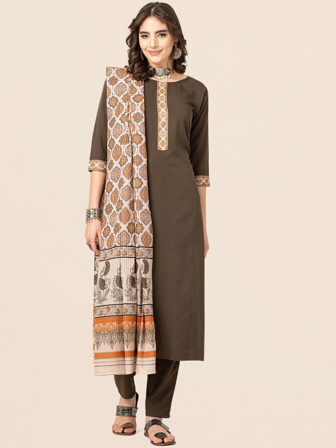 

CLEMIRA Ethnic Motifs Printed Regular Kurta With Trousers & Dupatta, Coffee brown