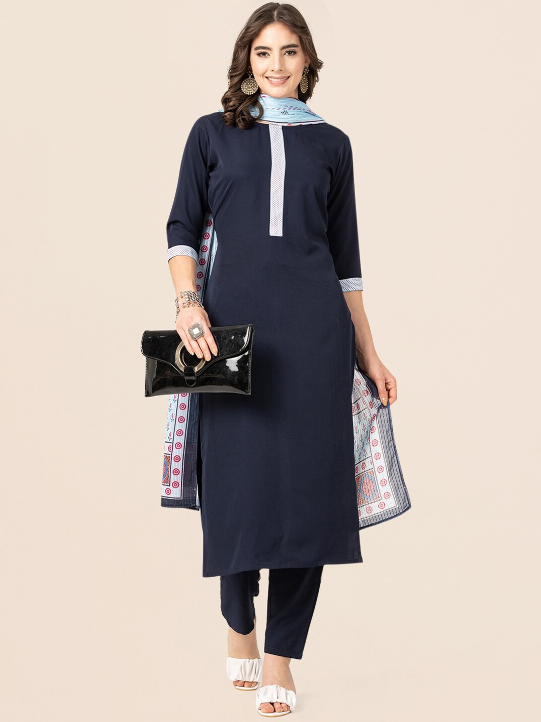 

CLEMIRA Round Neck Regular Kurta with Trousers & With Dupatta, Navy blue