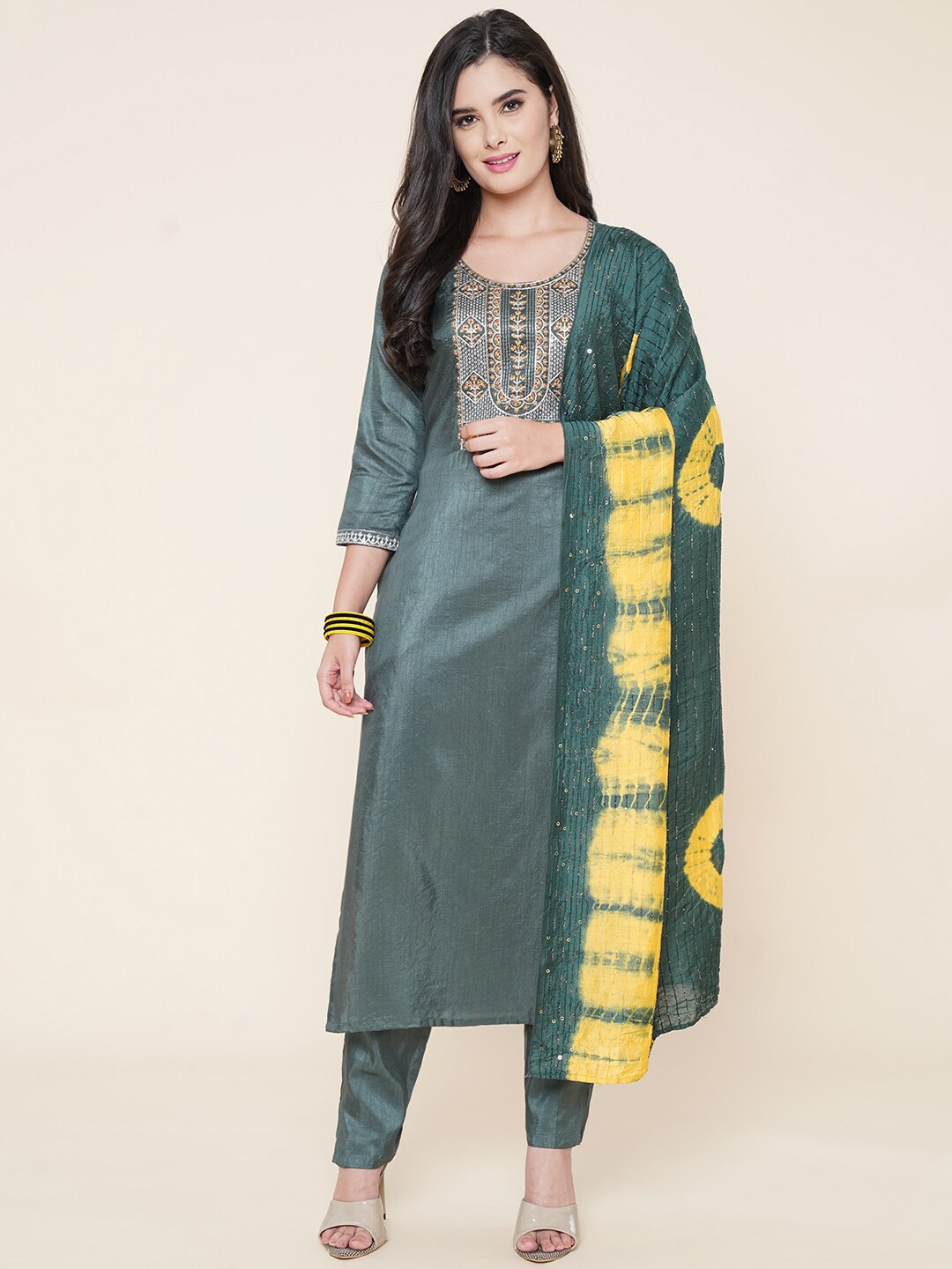 

CLEMIRA Floral Embroidered Sequinned Kurta & Trousers With Dupatta, Teal