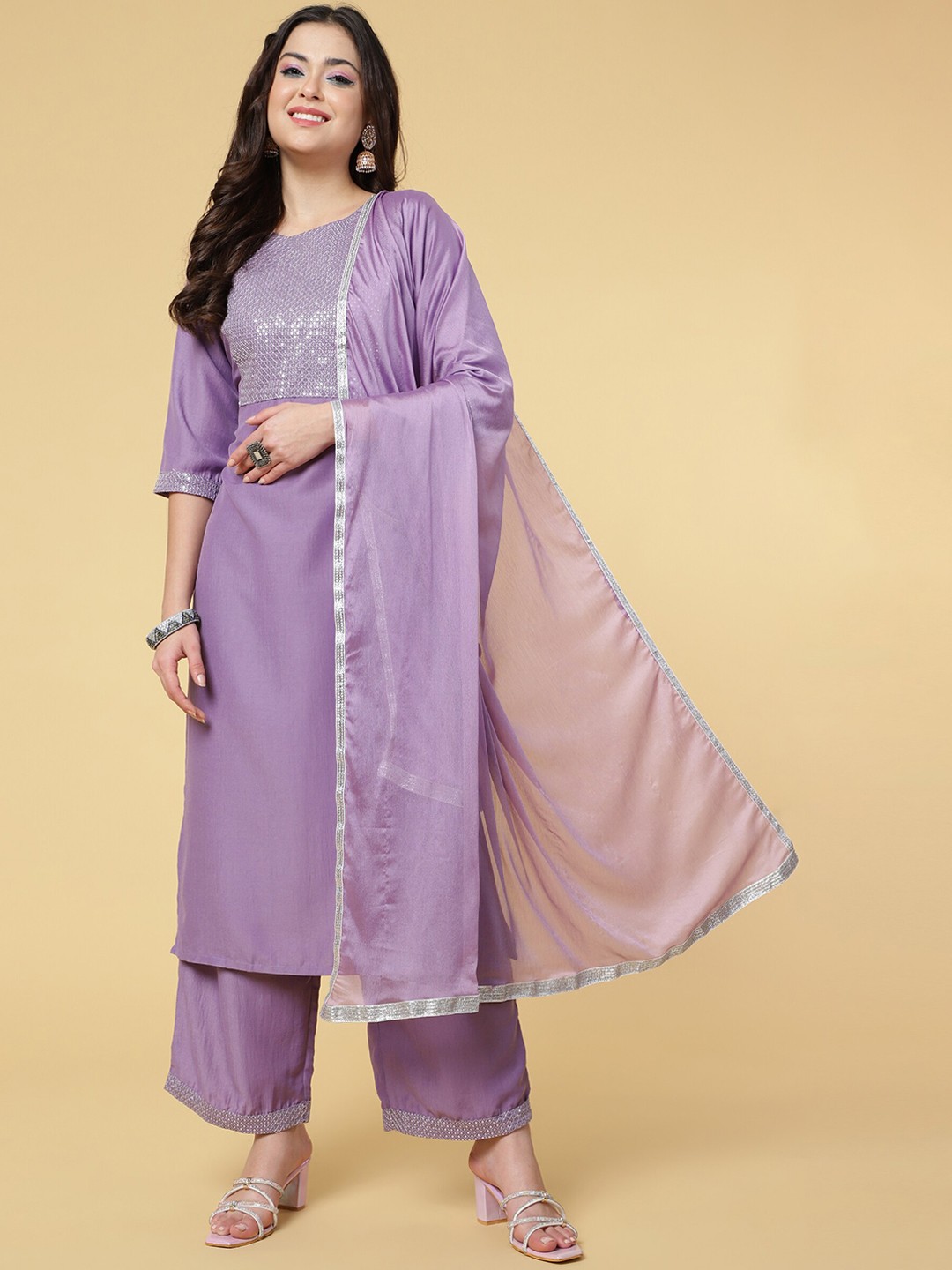 

CLEMIRA Yoke Design Sequinned Straight Kurta & Palazzos With Dupatta, Purple