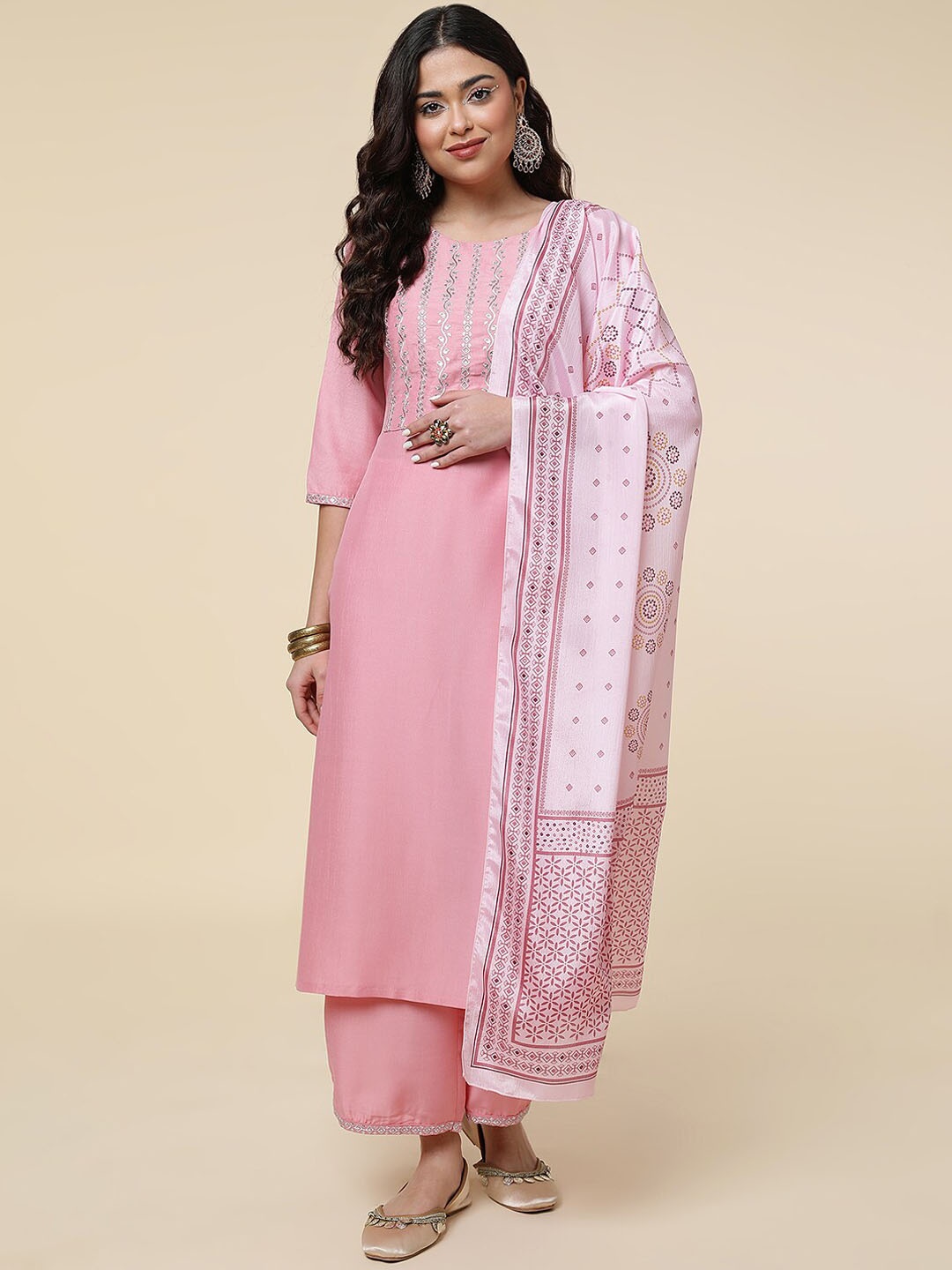 

CLEMIRA Floral Embroidered Kurta & Palazzos With Dupatta, Pink
