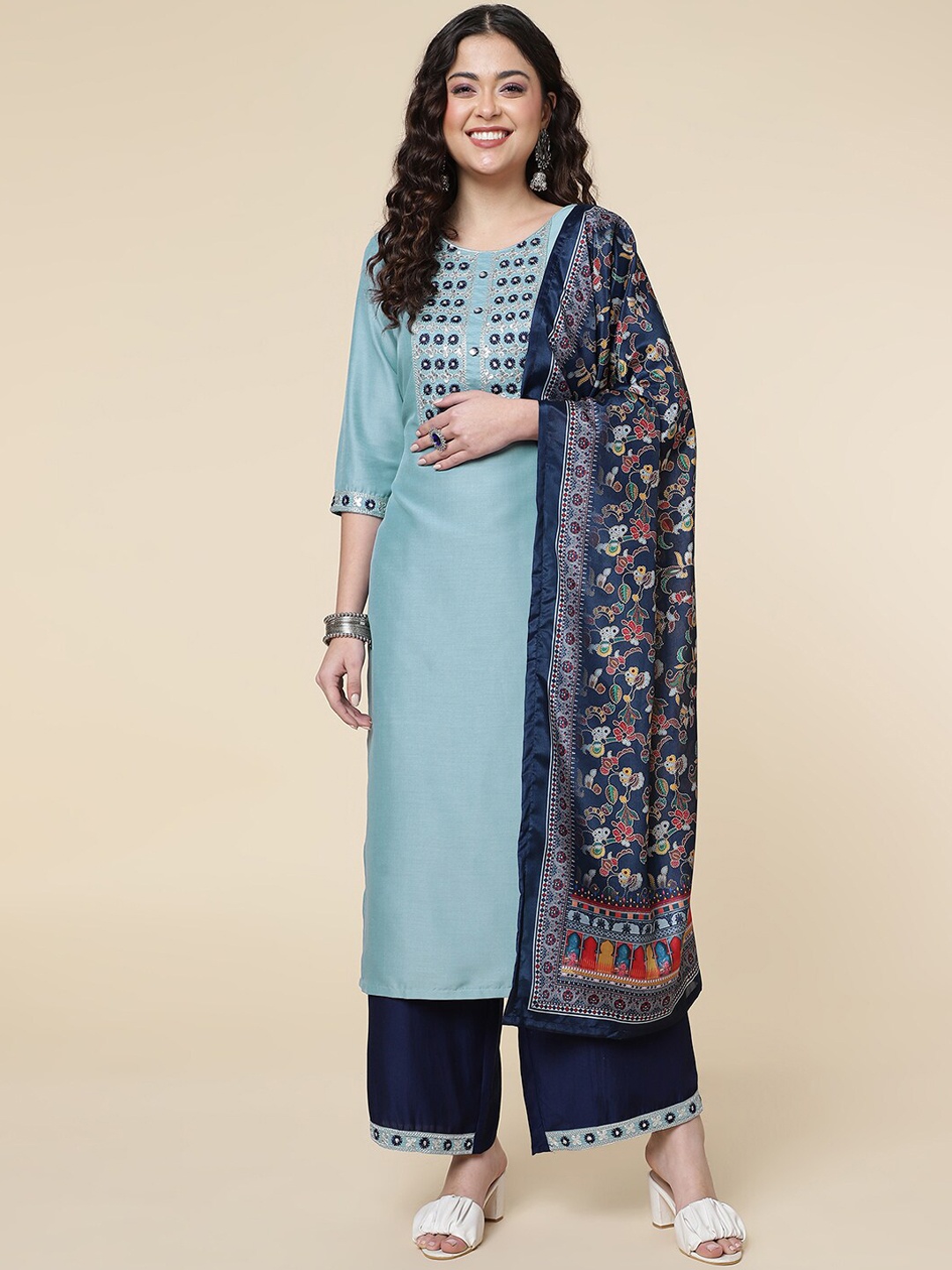 

CLEMIRA Round Neck Ethnic Motifs Yoke Design Regular Kurta & Palazzos With Dupatta, Turquoise blue