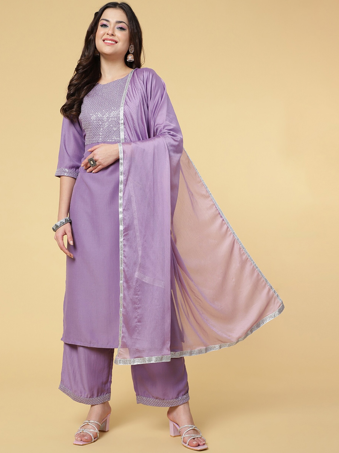 

CLEMIRA Yoke Design Sequinned Kurta & Palazzos With Dupatta, Purple