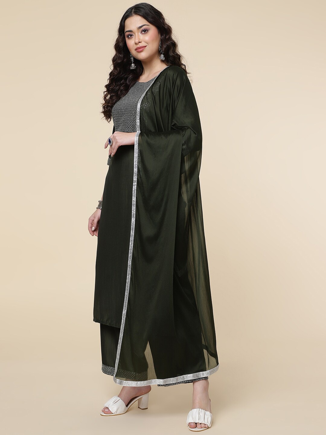 

CLEMIRA Yoke Design Sequinned Straight Kurta & Palazzos With Dupatta, Olive
