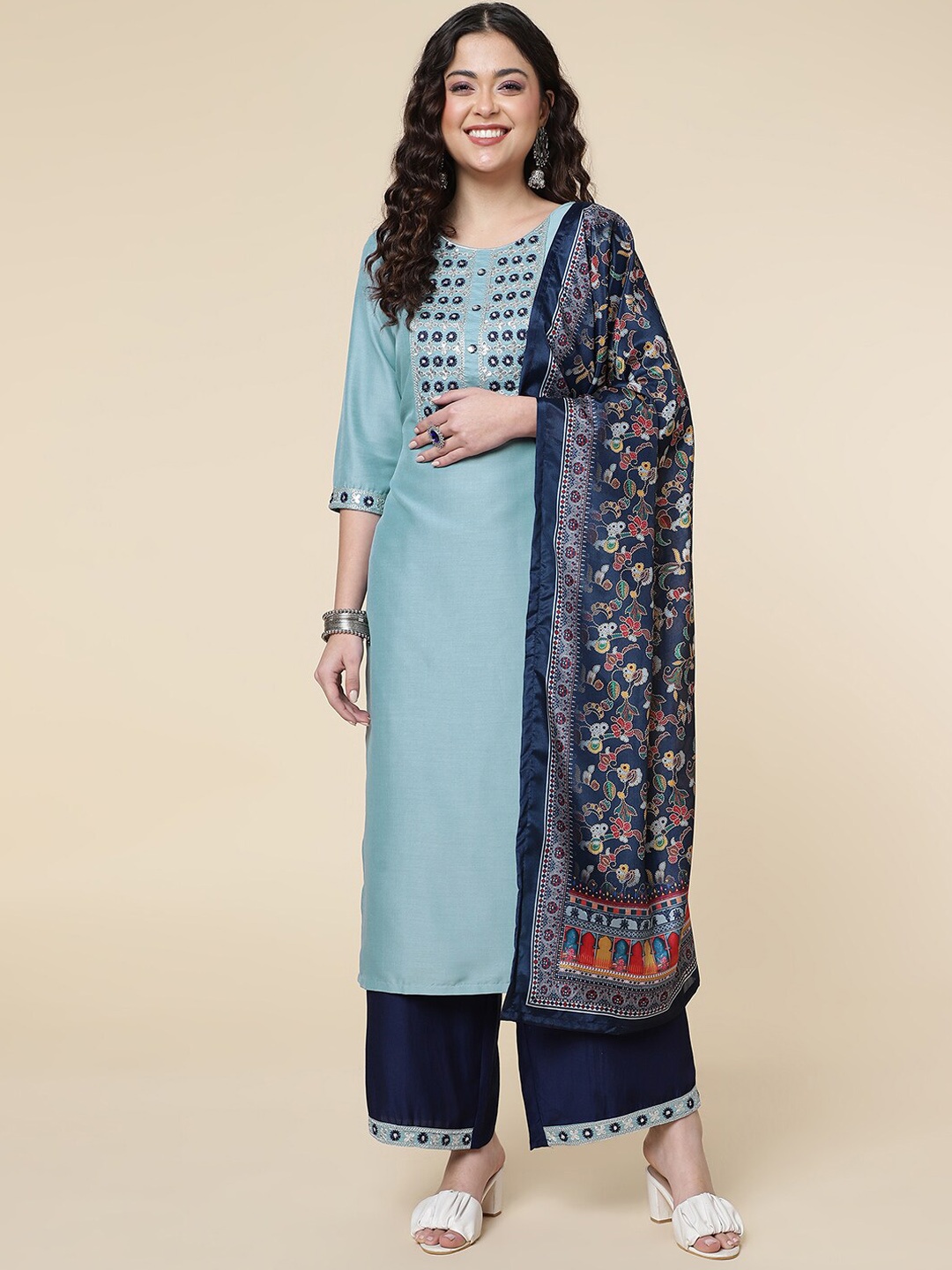 

CLEMIRA Floral Embroidered Straight Kurta & Palazzos With Dupatta, Turquoise blue