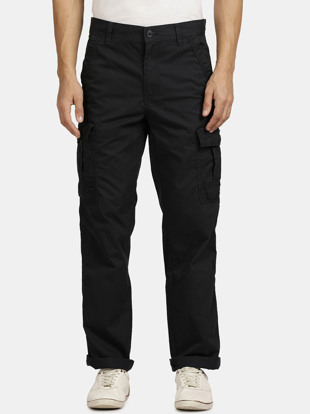 

t-base Men Mid Rise Cotton Cargos Trousers, Black