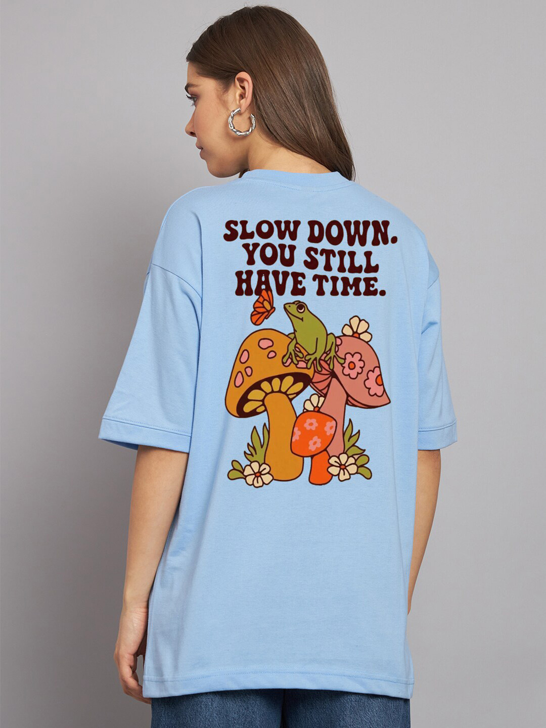 

Imsa Moda Typography Printed Round Neck Drop-Shoulder Cotton Oversized T-shirt, Blue