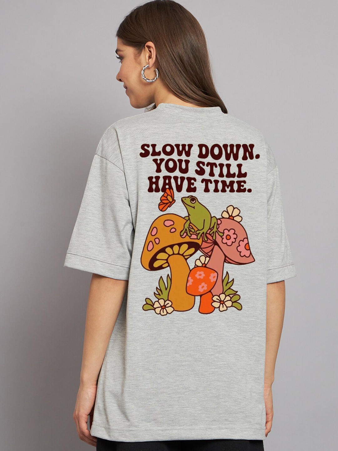 

Imsa Moda Typography Printed Drop-Shoulder Sleeves Cotton Oversized T-shirt, Grey