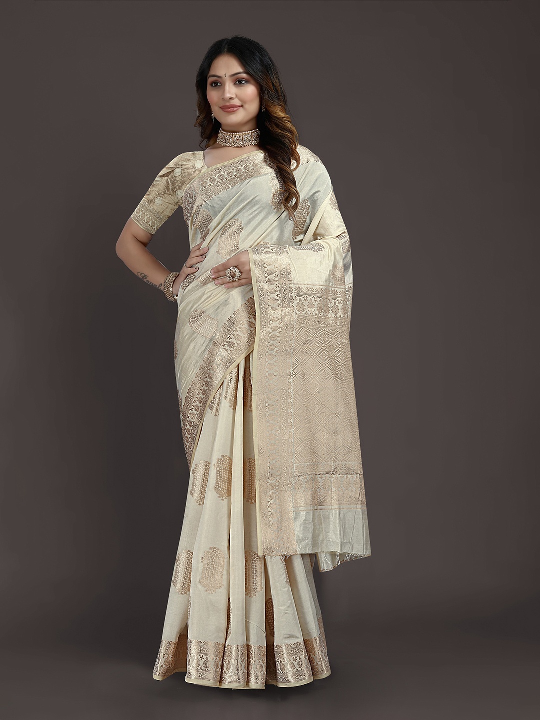 

Mitera Woven Design Zari Silk Blend Kasavu Saree, Beige