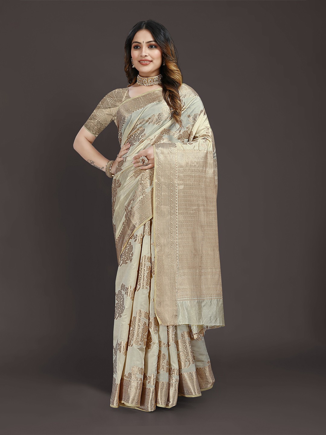 

Mitera Beige Floral Woven Design Zari Silk Kasavu Saree