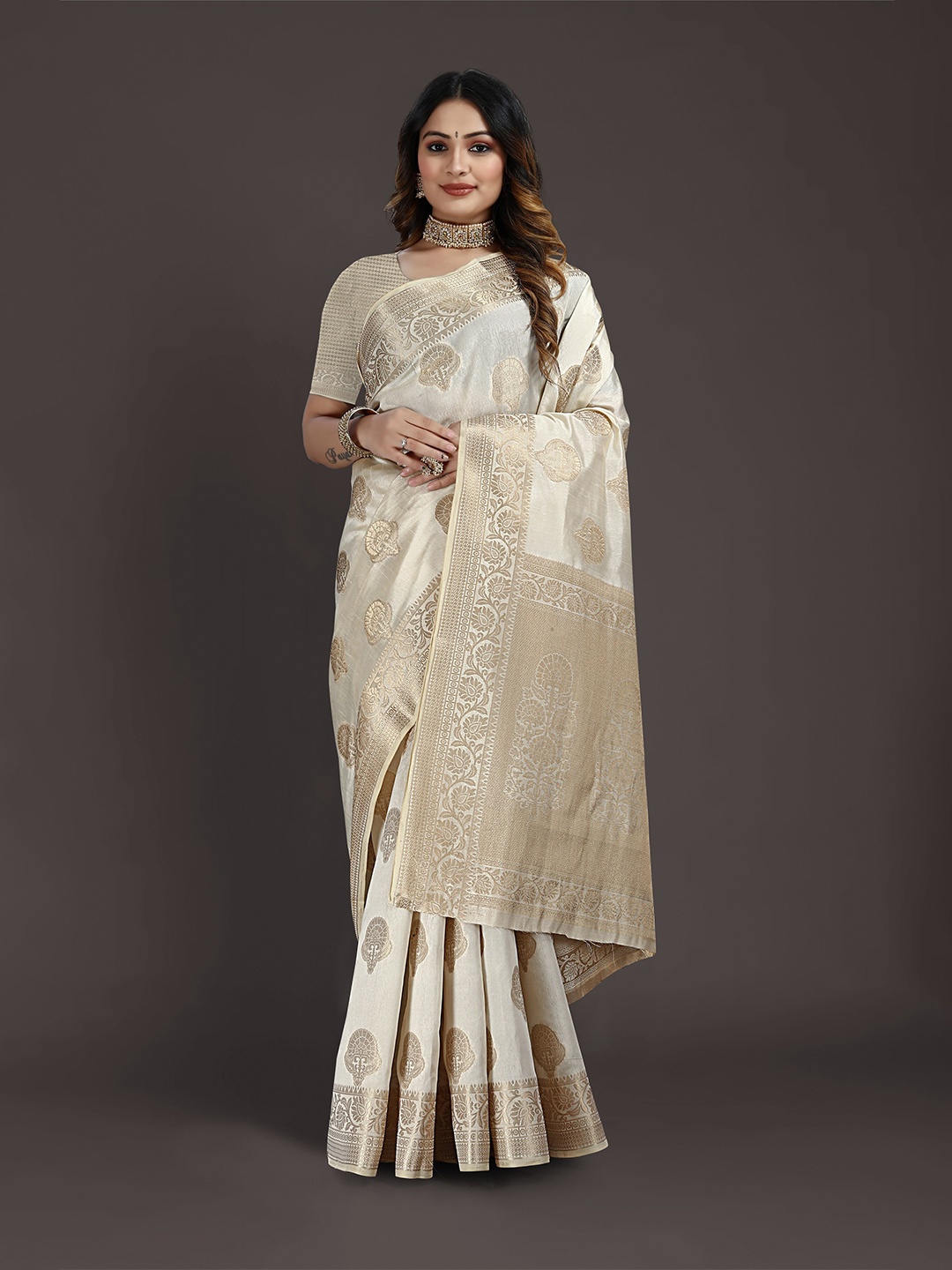 

Mitera Woven Design Zari Silk Blend Kasavu Saree, Off white