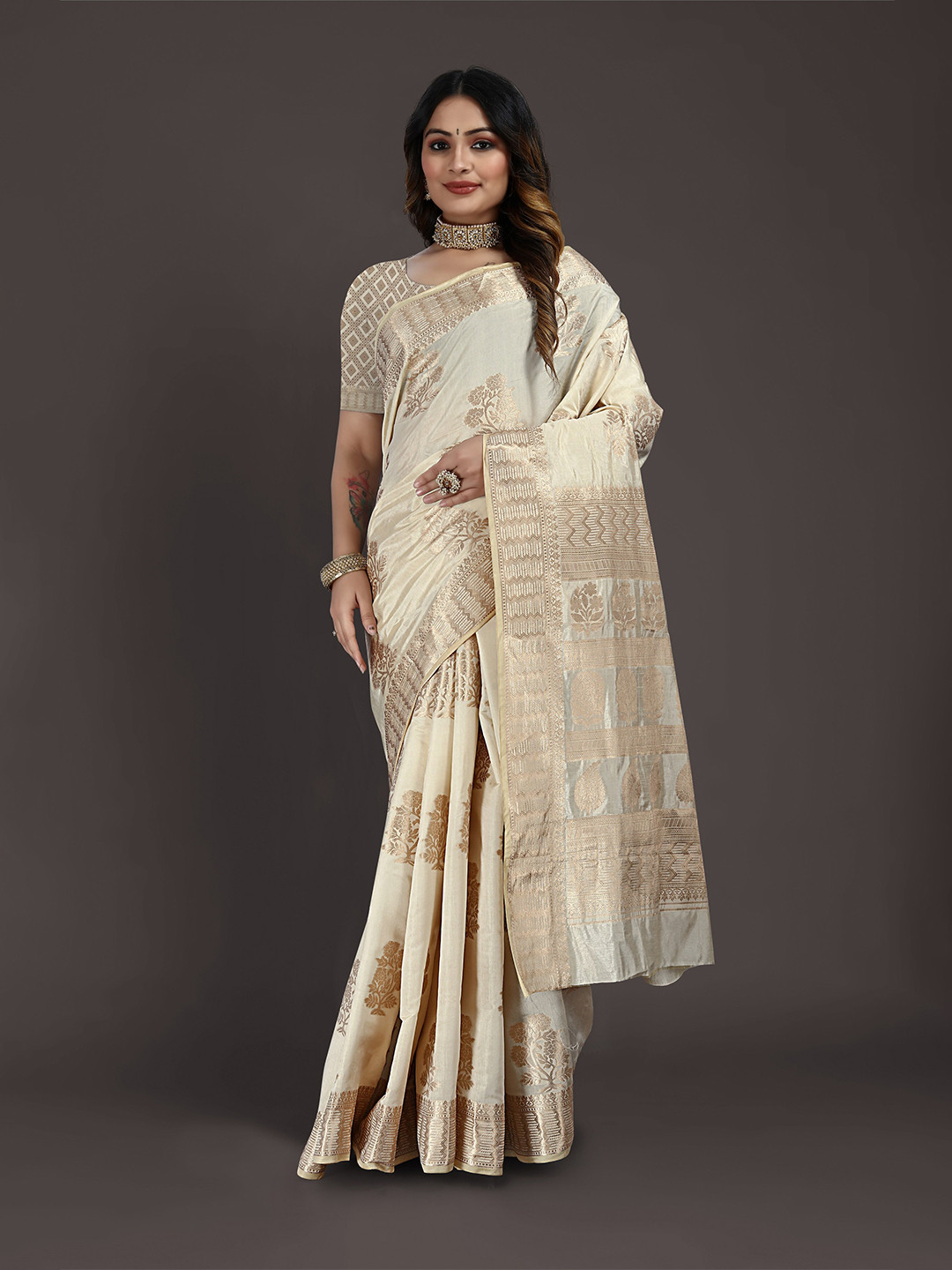 

Mitera Woven Design Zari Silk Blend Kasavu Saree, Off white