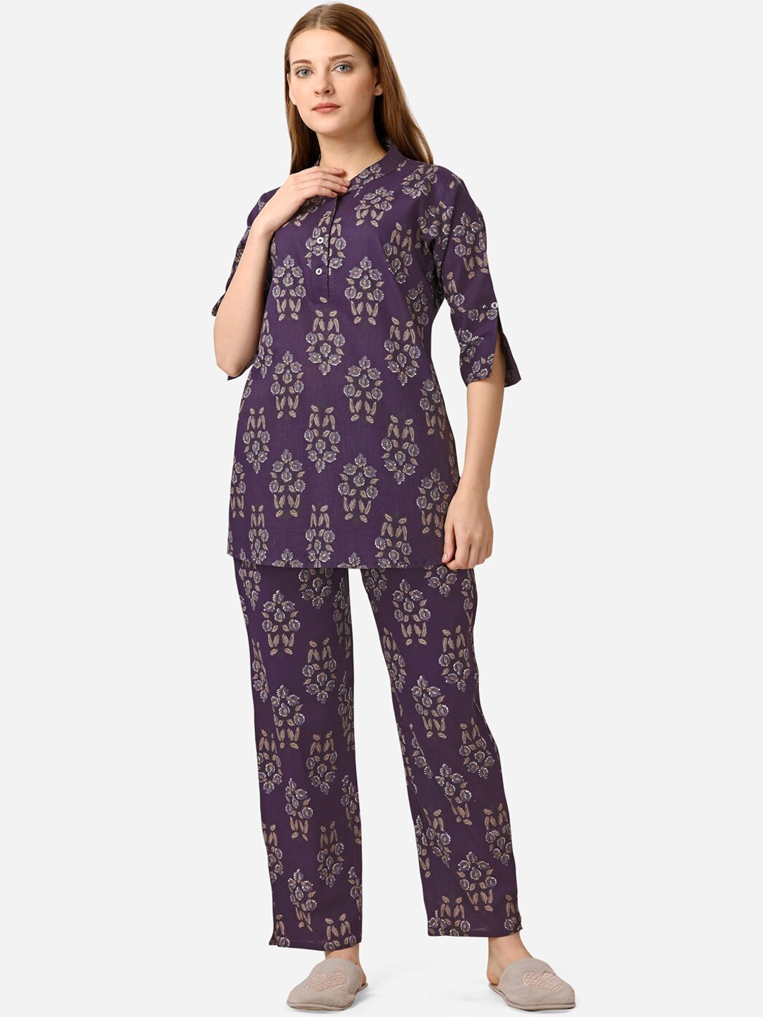 

Lenissa Floral Printed Pure Cotton Night Suit, Violet